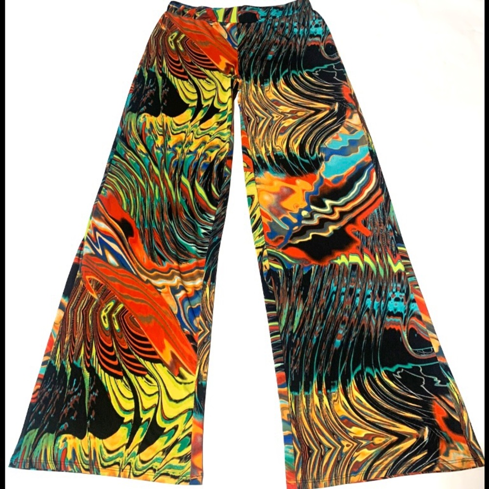 ASSA BOLD GRAPHIC PSYCHEDELIC PRINT WIDE LEG BELL BOTTOM BOHO FESTIVAL PANTS SzS